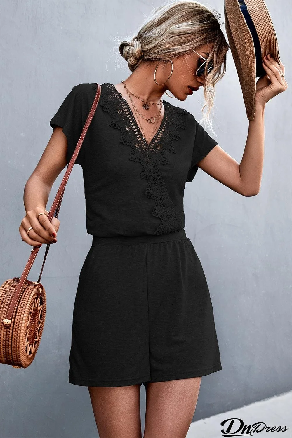 Lace Trim V-Neck Romper