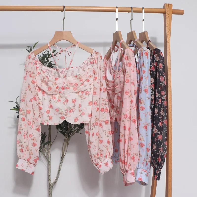 Uveng Sexy One-Word Shoulder Hanging Neck Chopped Spicy Shirt Female Design Sense Small Short To Take Long Sleeves Hottie Top 8831