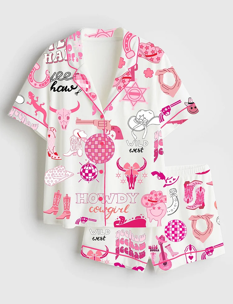 Women&rsquo;s Cowgirl Boots Hat Let's Go Girls Disco Cowgirl Western Short Sleeve Satin Pajama Set