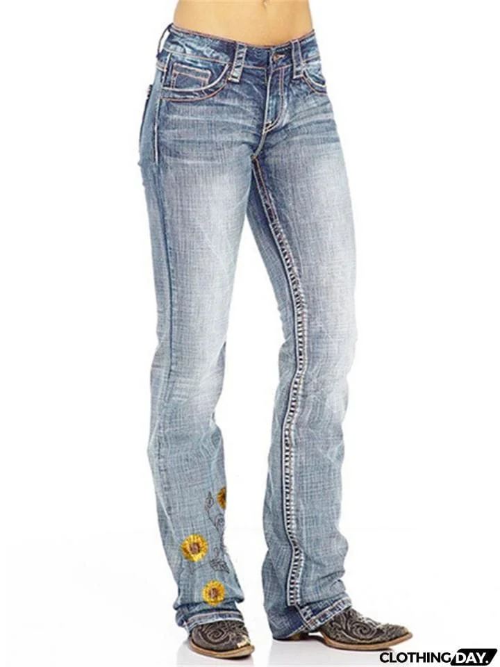 Women Fashion Embroidery Floral Straight Jeans