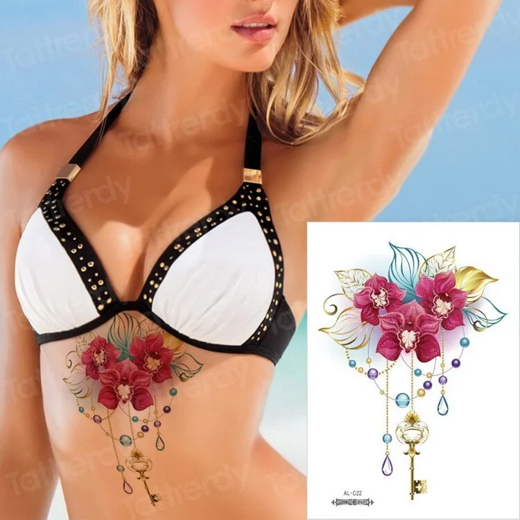 Waterproof Temporary Sticker Geometric dragonfly Sternum Tattoo Black Triangle Tattoos Body Arm Fake Tatoo Chains Sternal patch