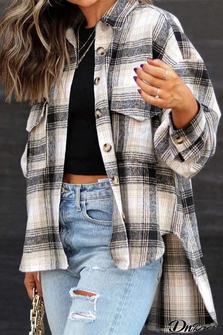 Casual Plaid Striped Pocket Buckle Shirt Collar Tops