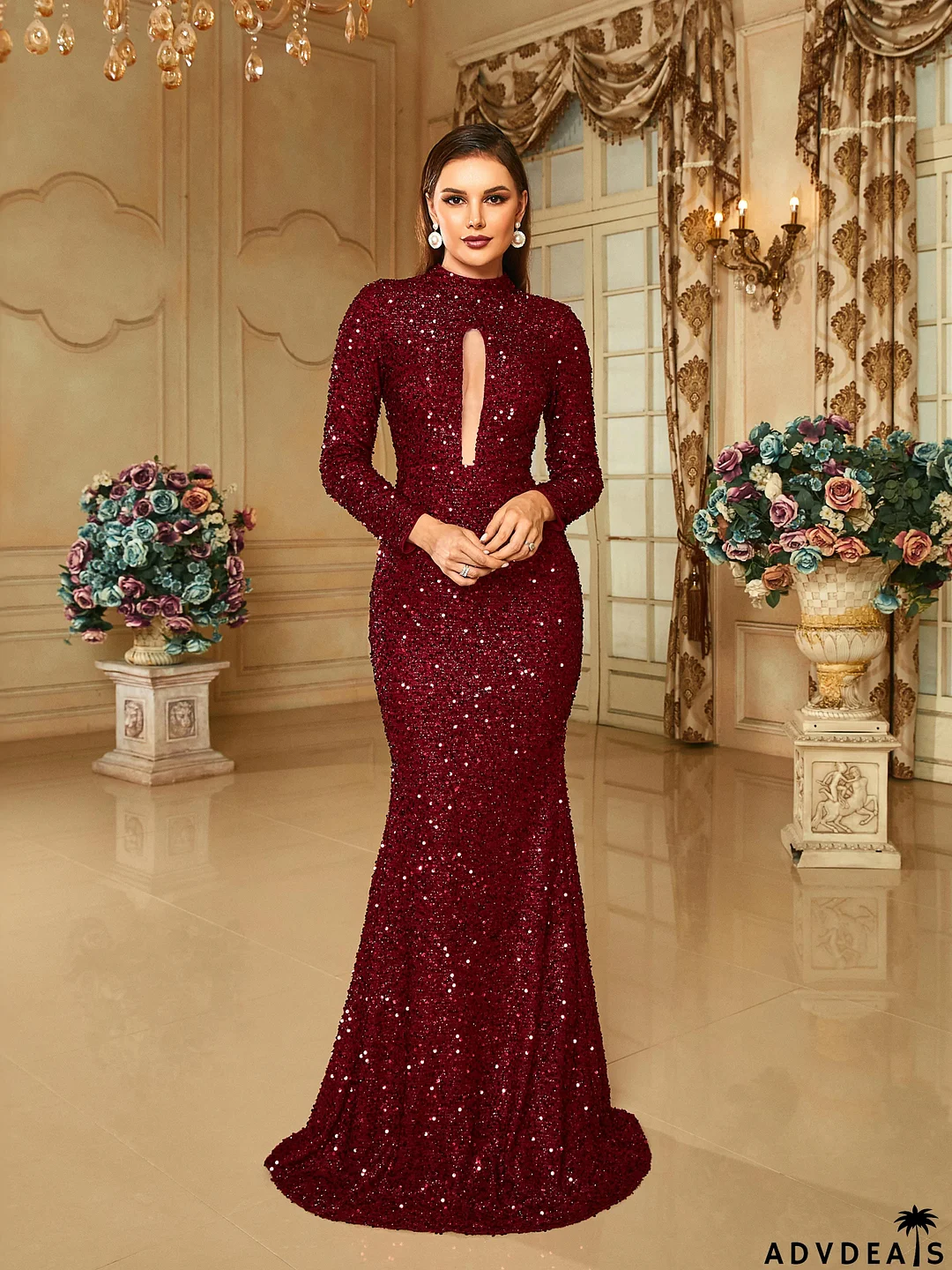 Crew Collar Cutout Sequin Mermaid Wine Prom Dress RM20650