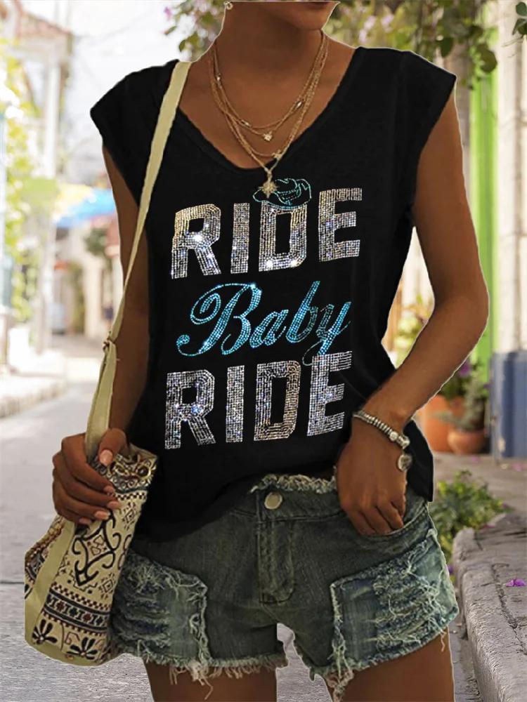 Ride Baby Ride Glitter V Neck Tank Top