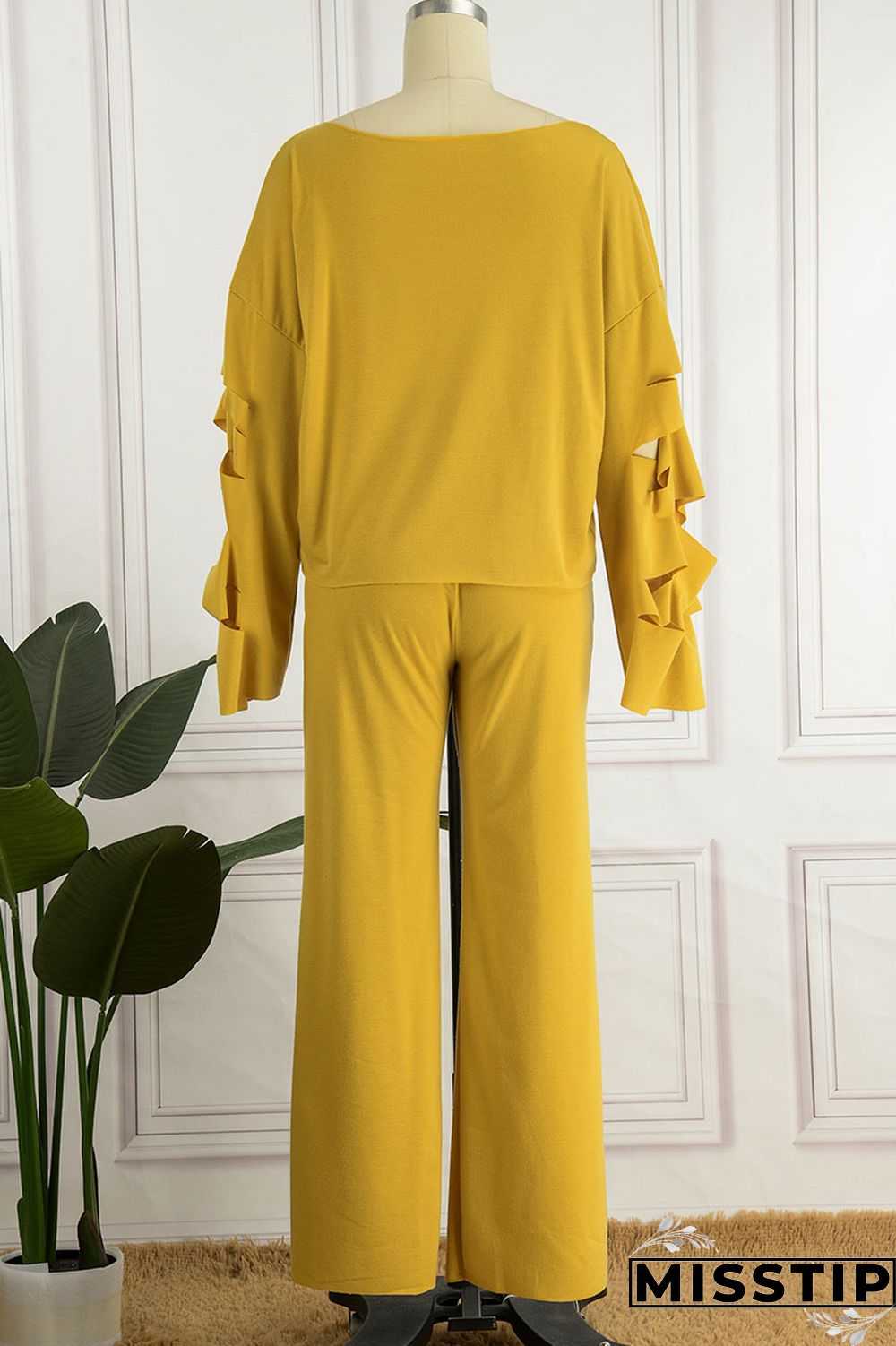 Yellow Casual Street Solid Ripped Hollowed Out Patchwork Oblique Collar Long Sleeve Two Pieces