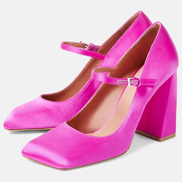 Hot Pink Satin Square Toe Mary Jane Pumps with Chunky Heels |FSJ Shoes