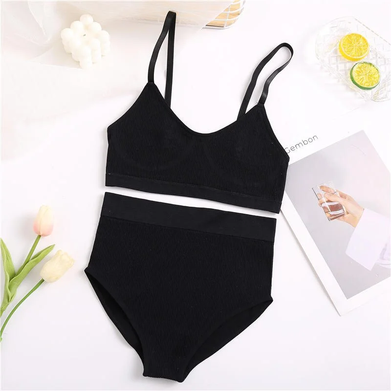 Billionm Sexy Bra Set Women Seamless Underwear Female Lingerie Ribbed Tops Thong High Waist Panties Brassiere Stretchy Tank Crop Top