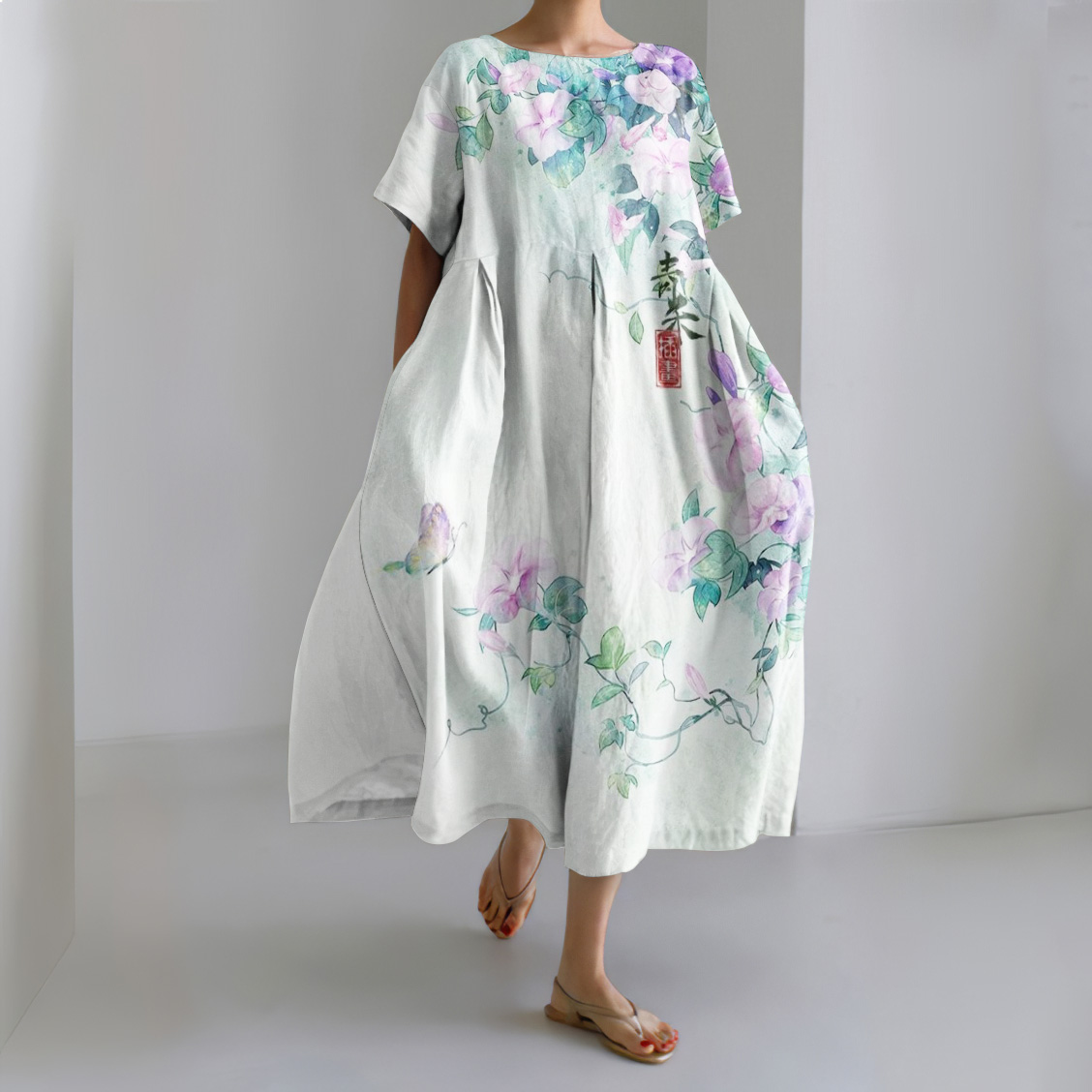 Morning Glory Print Crew Neck Loose Midi Dress
