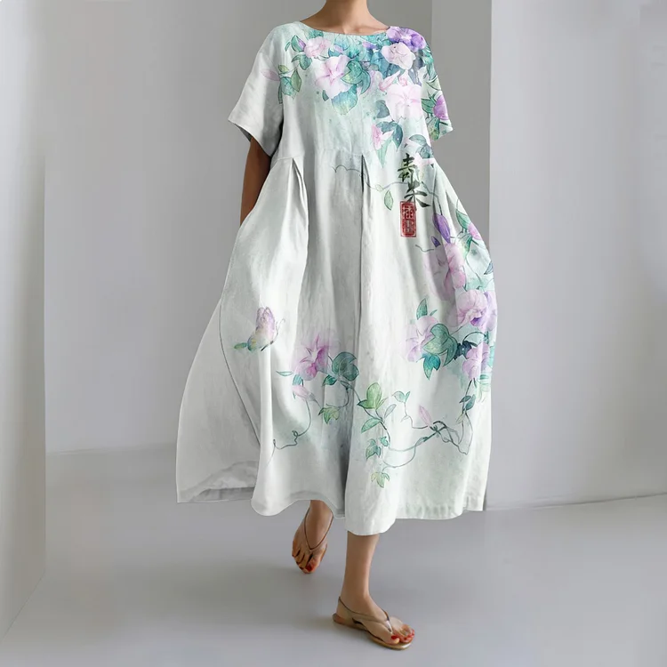 Morning Glory Print Crew Neck Loose Midi Dress