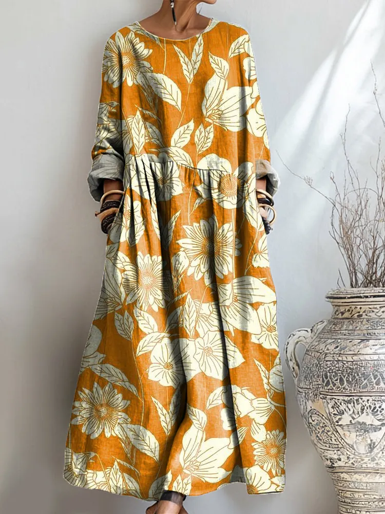 Women's Beautiful Large Flower Painting Art Print Pocket Cotton Dress