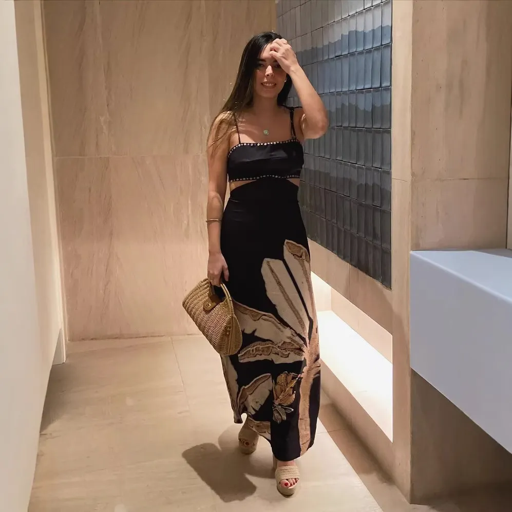 Nigikala Nigikala Bare Back Sling Dress Spring New Leisure Wind-Scared Belt Print Dress