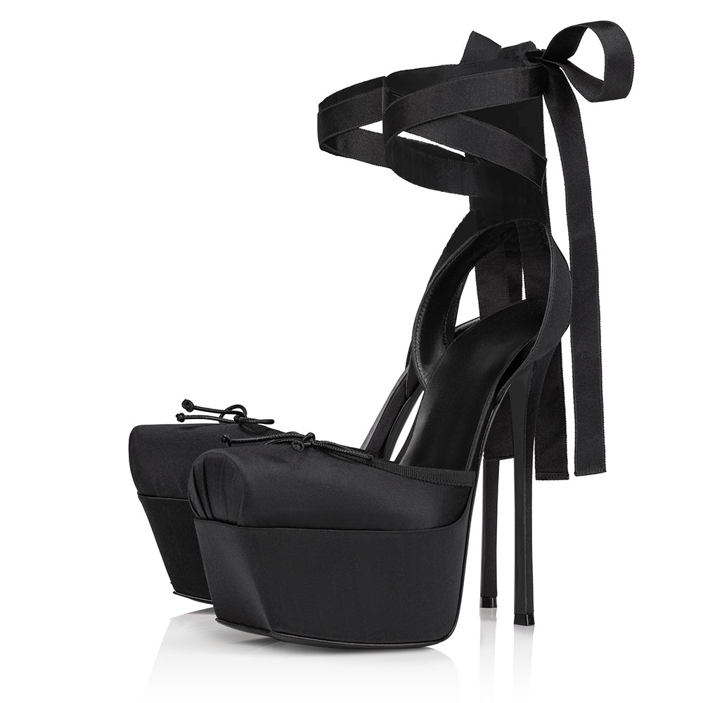 Black Satin Square Toe Wrap Strappy Platform High Heels with Bow