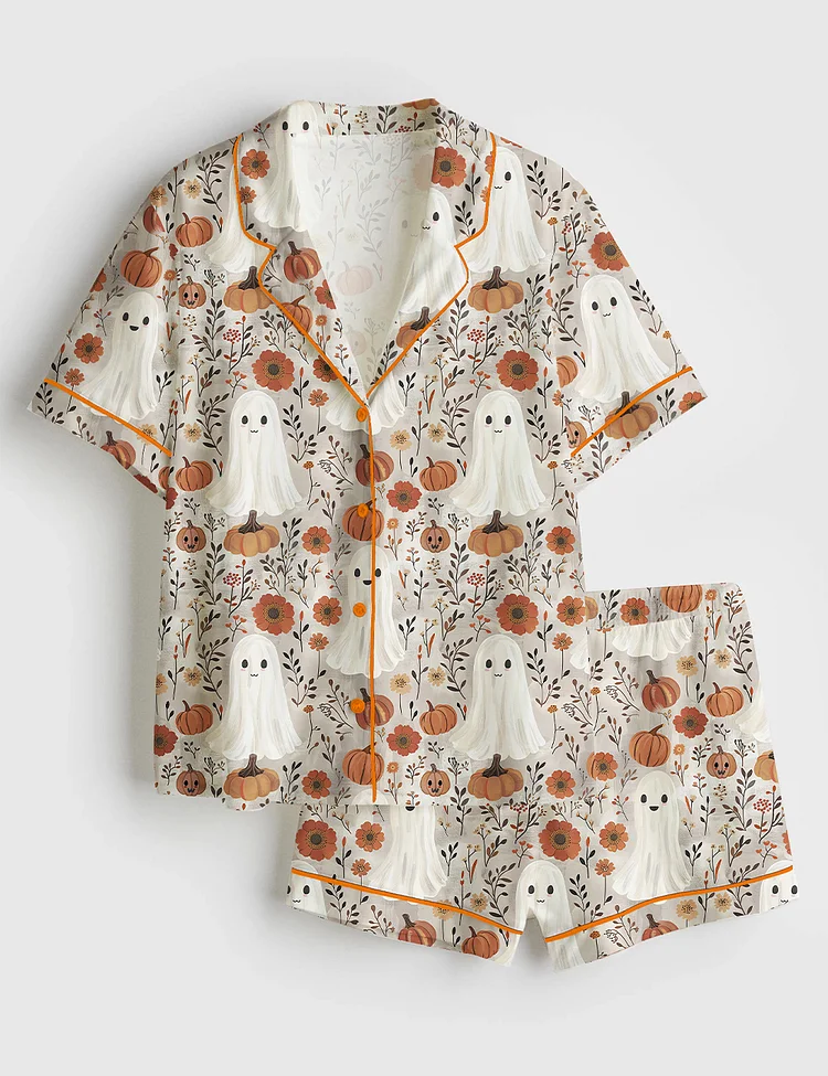 Women&rsquo;s Cute Ghosts And Pumpkins Halloween Short Sleeve Satin Pajama Set