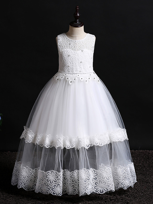 Dresseswow Floor Length Sleeveless Jewel Flower Girl Dress Lace Tulle Polyester With Lace Bow Pearls