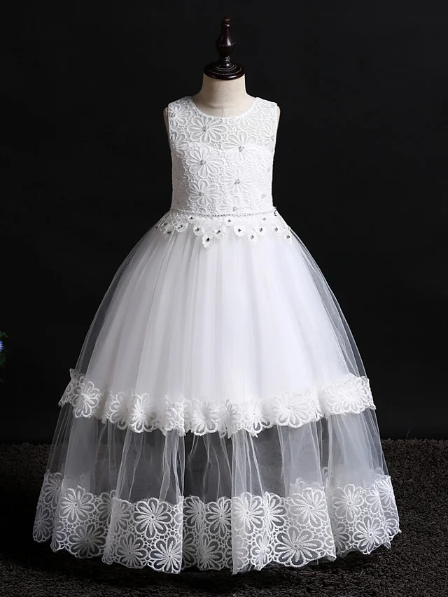 Hellodresses Floor Length Sleeveless Jewel Flower Girl Dress Lace Tulle Polyester With Lace Bow Pearls