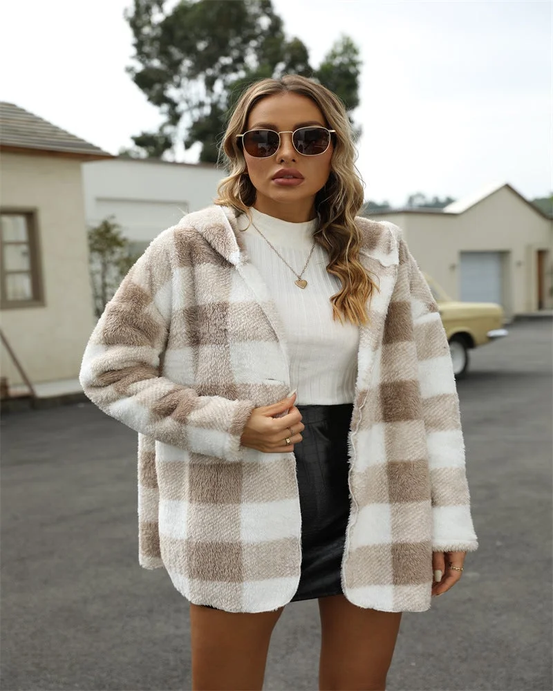 Fleece Hooded Plaid Cardigan Jacket For Women