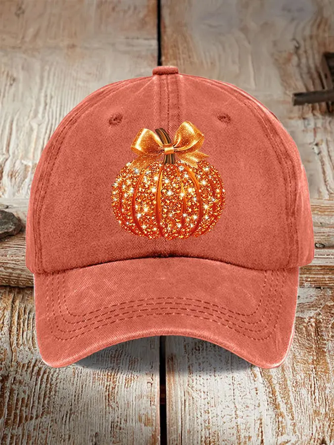 Retro Autumn Pumpkin Bow Print Baseball Cap 