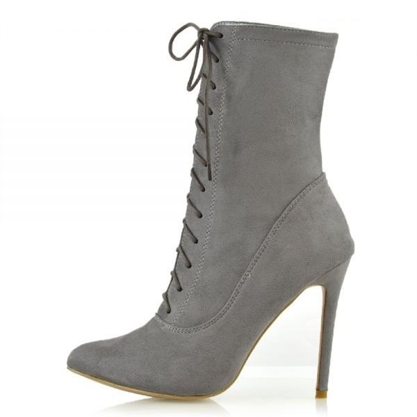Grey Suede Lace Up Boots Stiletto Heel Ankle Boots |FSJ Shoes