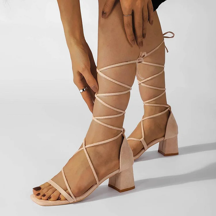 Nude Vegan Suede Block Heels Square Toe Wrap Sandals Classic Office Shoes |FSJ Shoes