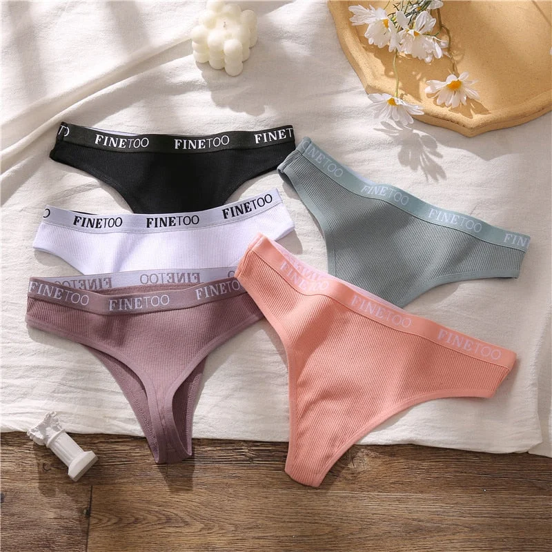 FINETOO Trendy Letter Thongs Cotton G-string Underwear M-XL Girls Bikini Underpants Comfortable Thong Panties 6Pcs Female Panty