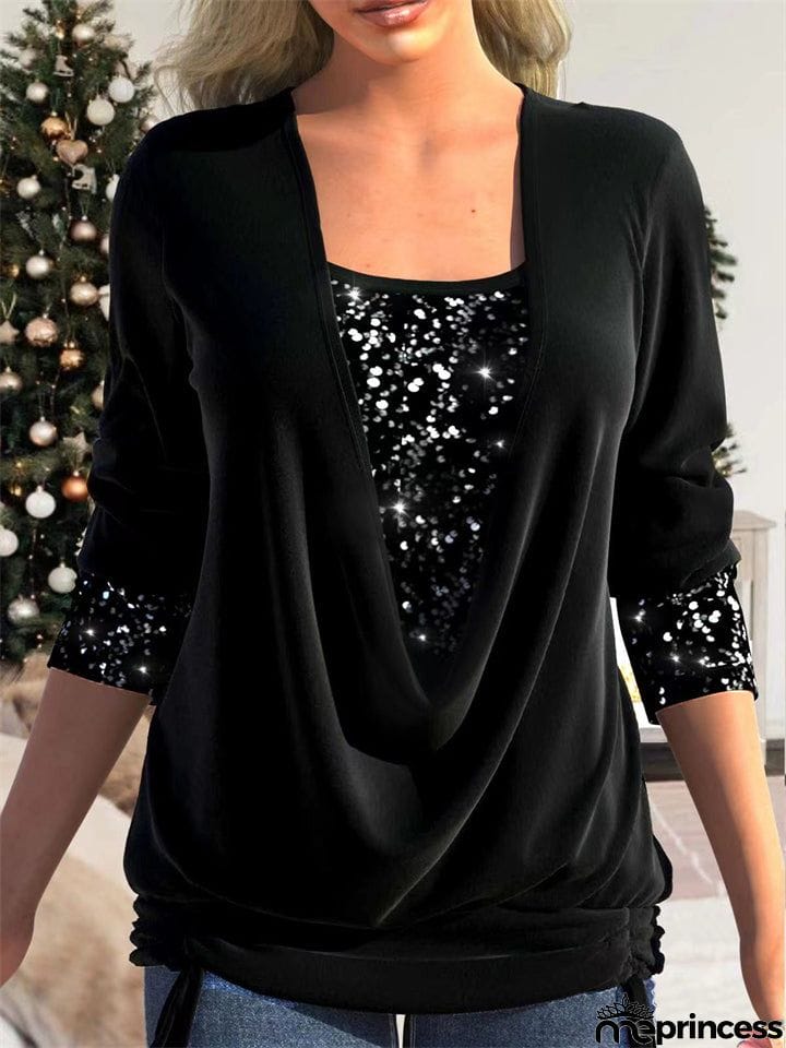 Women's Luxury Contrast Color Sequins Faux Two Shirts