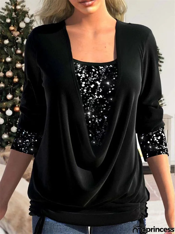 Women's Luxury Contrast Color Sequins Faux Two Shirts