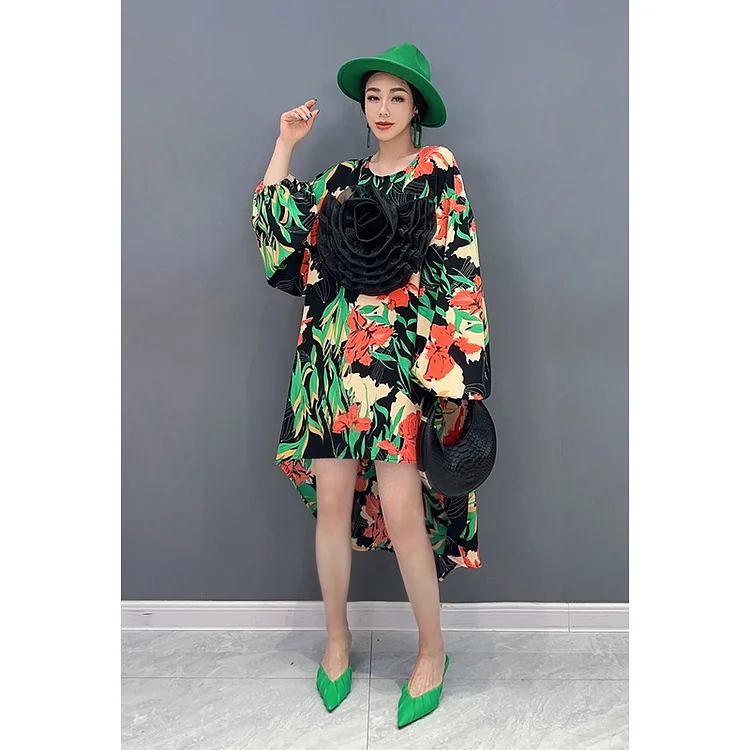 Colorful Printed Patchwork Flower Bubble Sleeve Dress