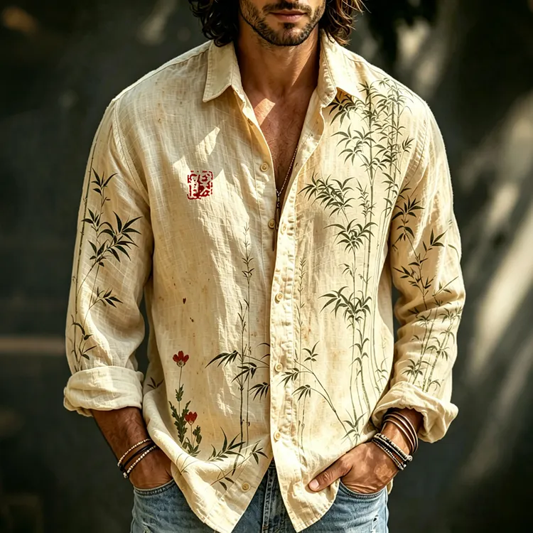 Men's Vintage Japanese Bamboo Art Embroidered Linen Blend Long Sleeve Shirts