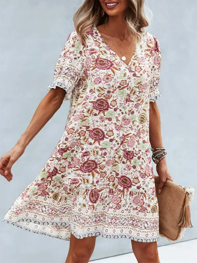 Vacation Loose V Neck Floral Dress