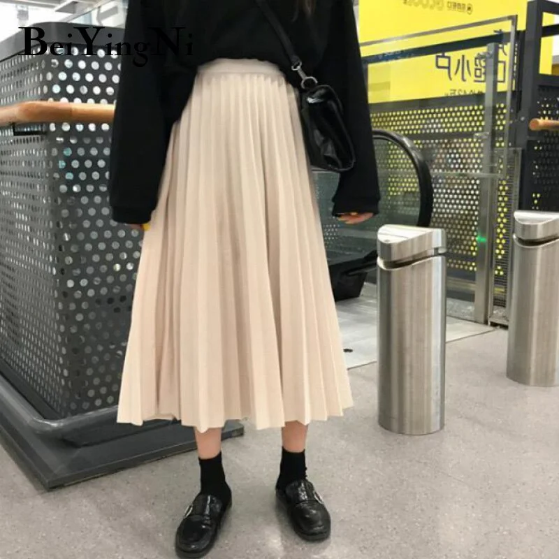 Beiyingni Women Pleated High Waist Skirt Vintage Casual Spring Summer Midi Skirts Female Autumn Korean Saia Mujer Faldas Bottoms