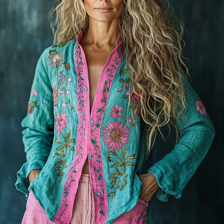 Women's Linen Bohemian Flower Print Long-sleeved Shirt