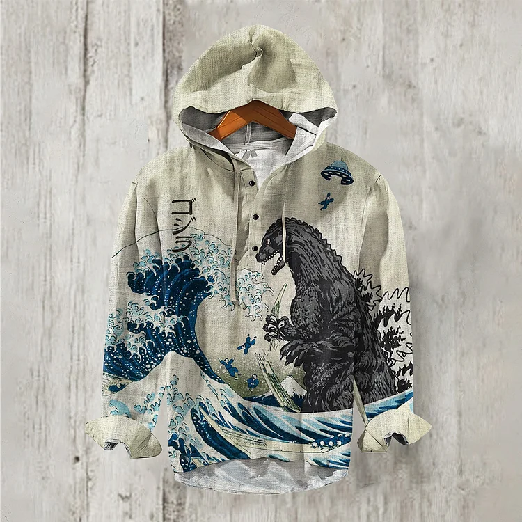 The Great Waves And Godzilla Japanese Art Art Linen Blend Hooded Long Sleeve Shirt