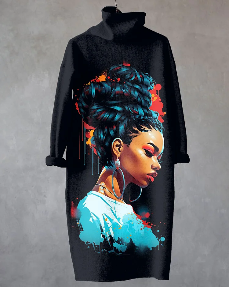 Braided Brown Girl Turtleneck Long Sleeve Casual Dress