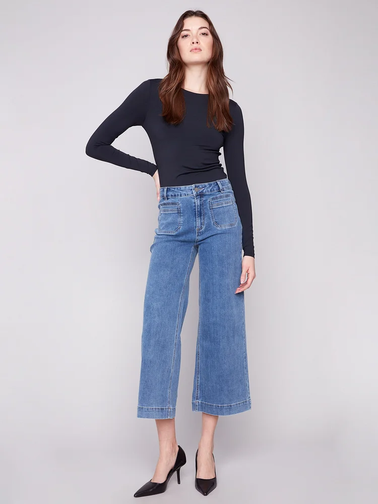 Patch Pocket Flare Jeans - Medium Blue