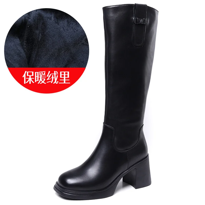 Yyvonne Layer Of Cow Skin High Boots Women 2025 Autumn And Winter New Knight Boots Korean Version Plus Velvet Thin Side Zipper High-Heeling Boots