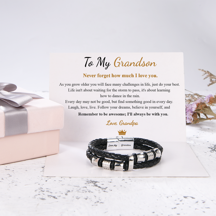 To My Grandson Braided Leather Bracelet "I Will Always Be With You Love, Grandpa"