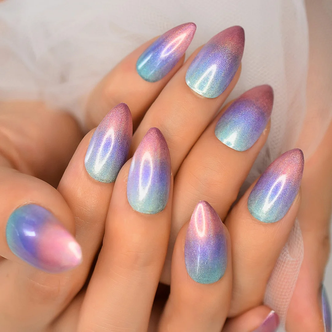 Medium Nude Natural False Nails Square Shimmer Glitter Decorative Flower Grace White Gradient Ombre Artificial Nail Art Tips-Nail Inspo