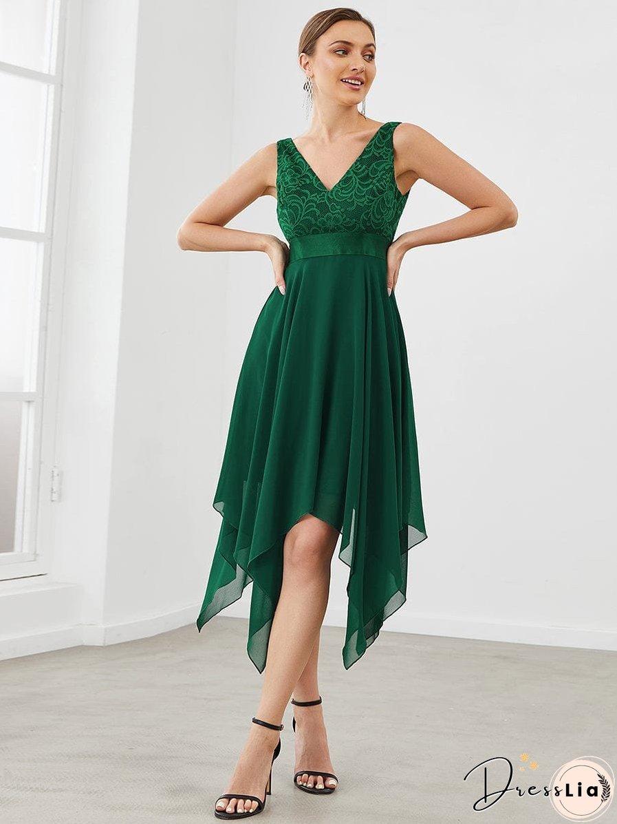 Captivating Deep V Neck A-line Sleeveless Dress with Asymmetrical Hem