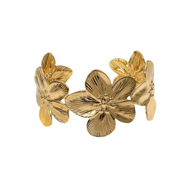 Retro Wide Bracelet Flower Simple Ins French Niche Stainless Steel Bracelet