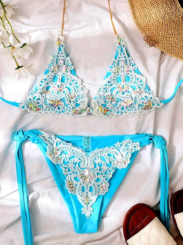 Pretty Embellished Lace Triangles Tie Side Backless Bikini Swimwear