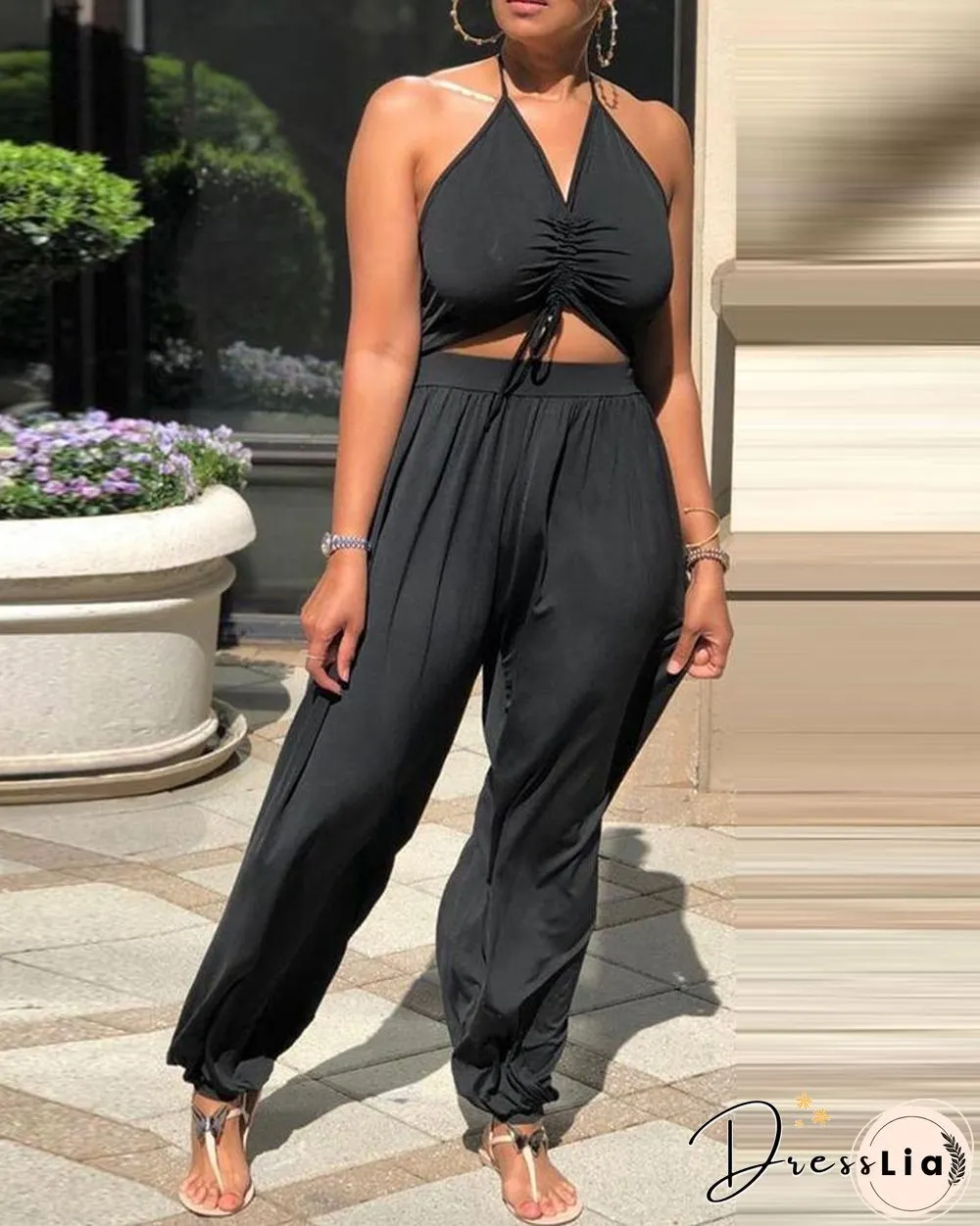 Halter Cutout Plain Drawstring Jumpsuit