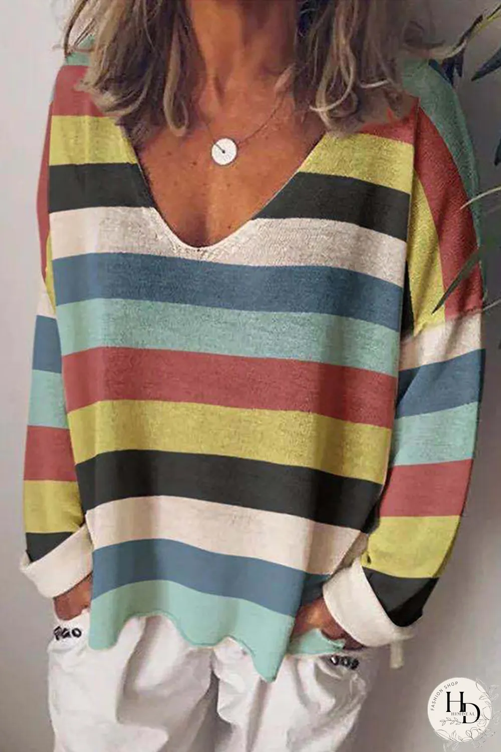 Casual Striped Split Joint V Neck Tops