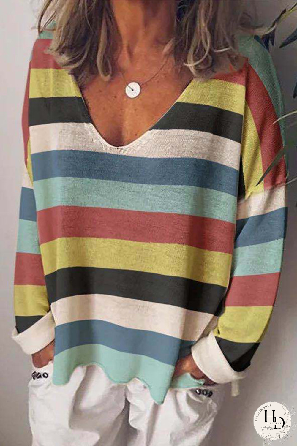 Casual Striped Split Joint V Neck Tops