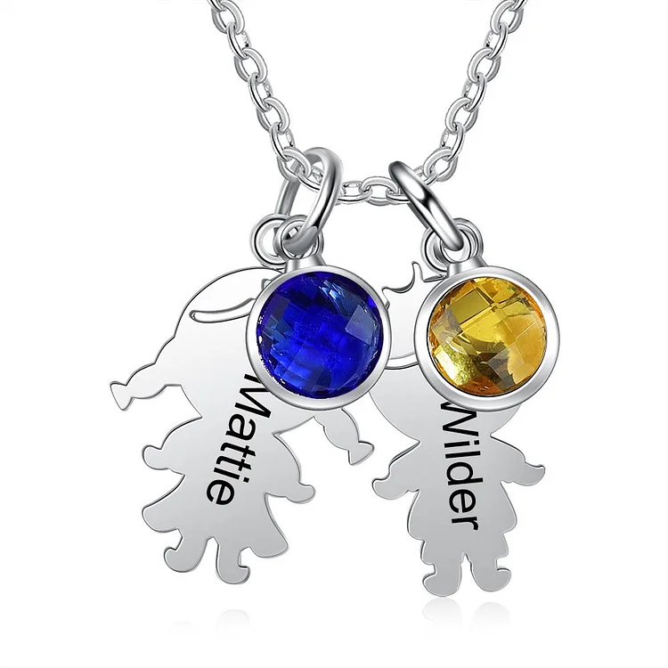 Birthstone Mother Necklace with Kid Charms and Engraved 2 Names
