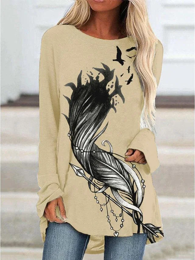 Western Print Mid Length Irregular Long Sleeve Shirt