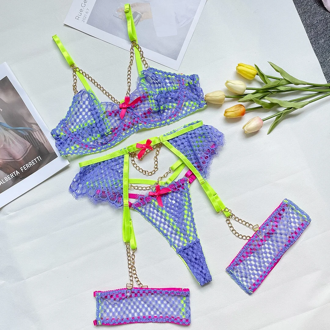 Billionm Sexy Lingerie With Chain Fancy Lace Underwear Garter Belt With Stockings Transparent Delicate Intimate Exotic 3-Pieces