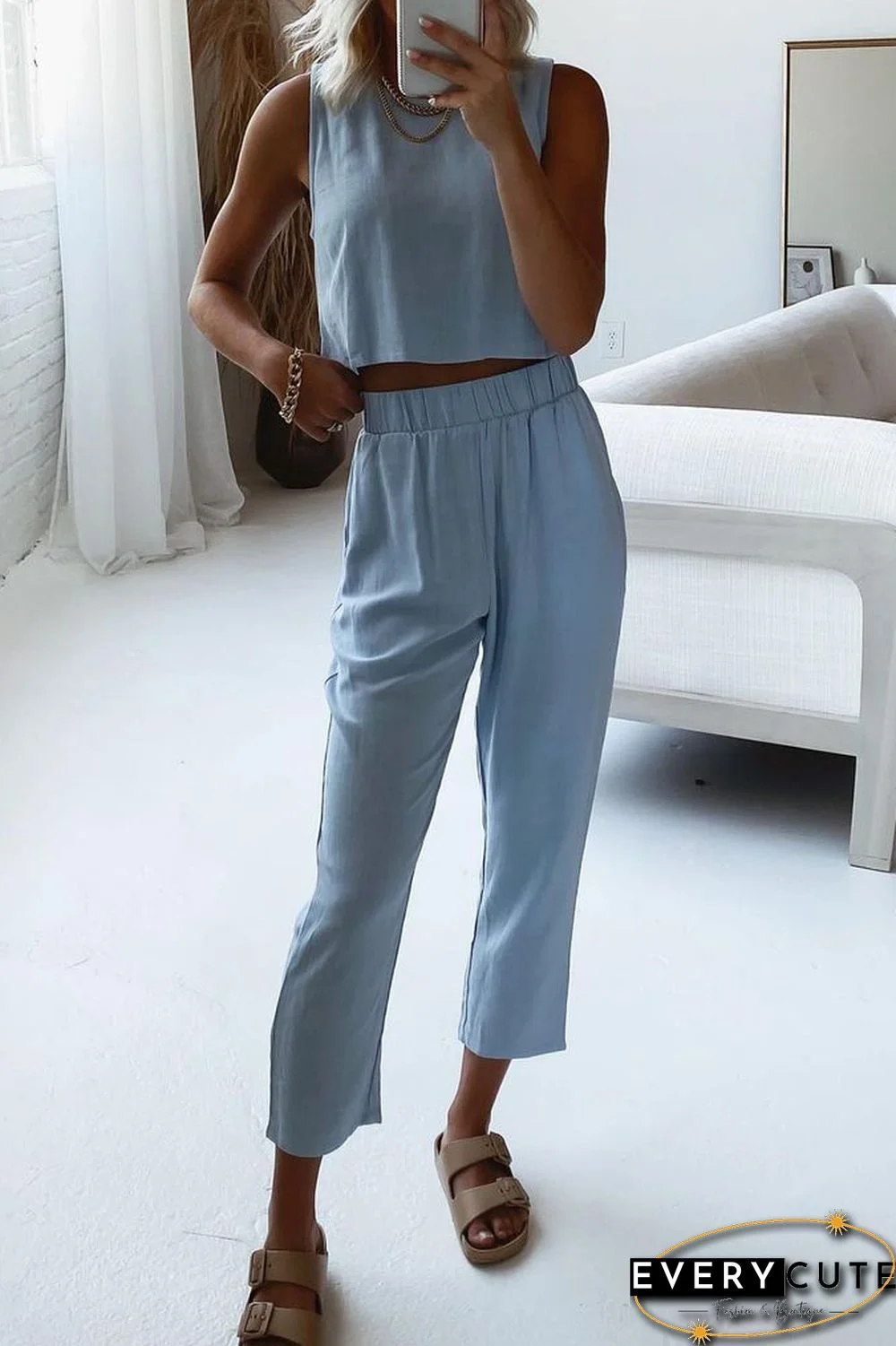 Blue Crop Tank and Pants Lounge Set