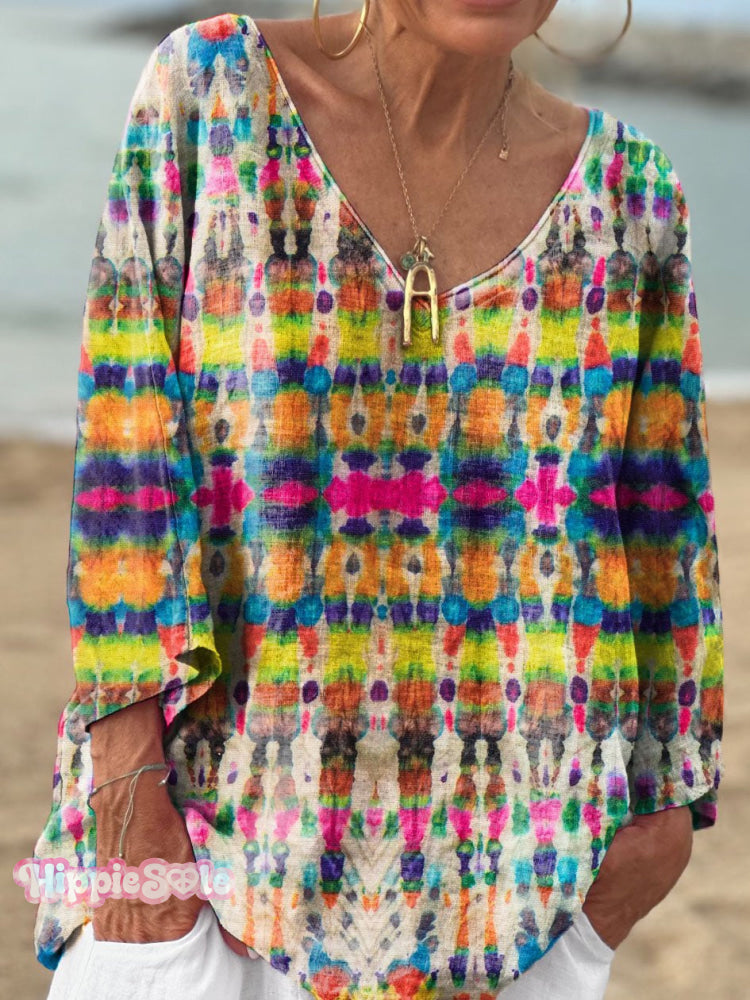 Women&rsquo;s Vintage Tie-Dye Art Print Casual V-Neck Long Sleeve Cotton T-Shirt Multicolor / S