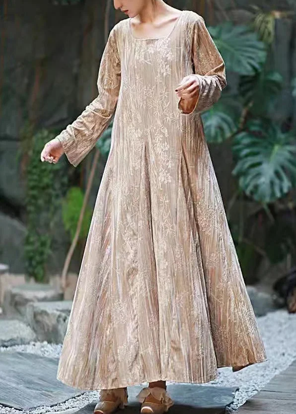 Boutique Apricot U Neck Print Exra Large Hem Velour Long Dress Fall