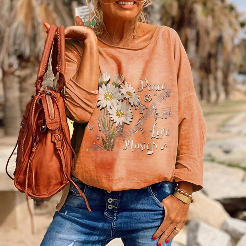Peace Love And Music Floral Print Long Sleeve Tee